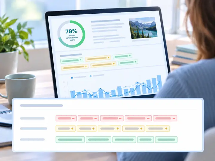 Interface d’optimisation du contenu affichant un score, des suggestions de mots-clés et un graphique comparatif