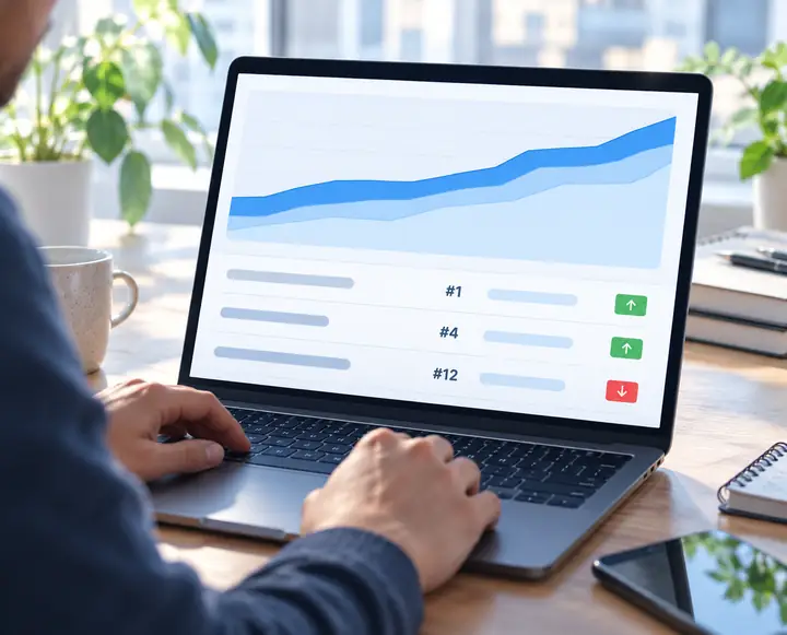 Tableau de bord des progrès SEO avec graphiques des positions et de la visibilité