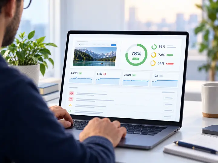Interface d’audit de site affichant un score on-page, une liste de problèmes et des résumés de l’exploration du site